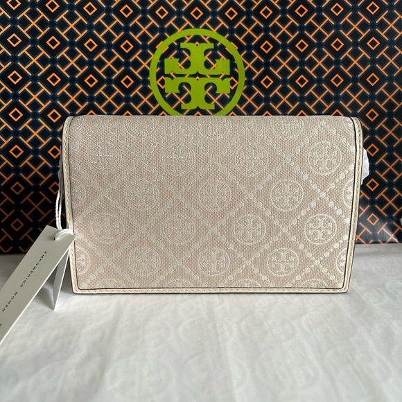 Tory Burch T Monogram Chain Wallet Crossbody Bag Ivory Gold Tan Cream Neutral - Picture 3 of 14